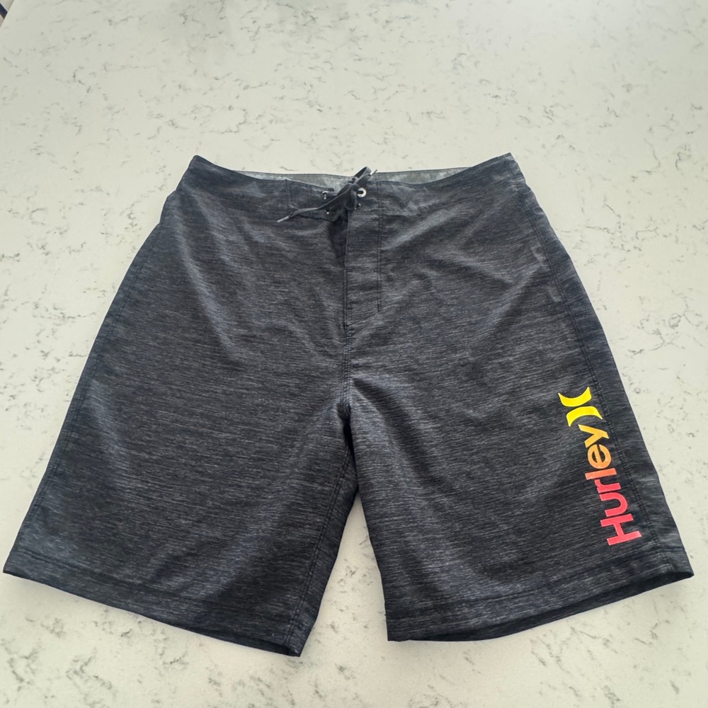 Hurley Board Shorts Mens 32 Charcoal Grey Heathered Gradient Logo Swim Trunks